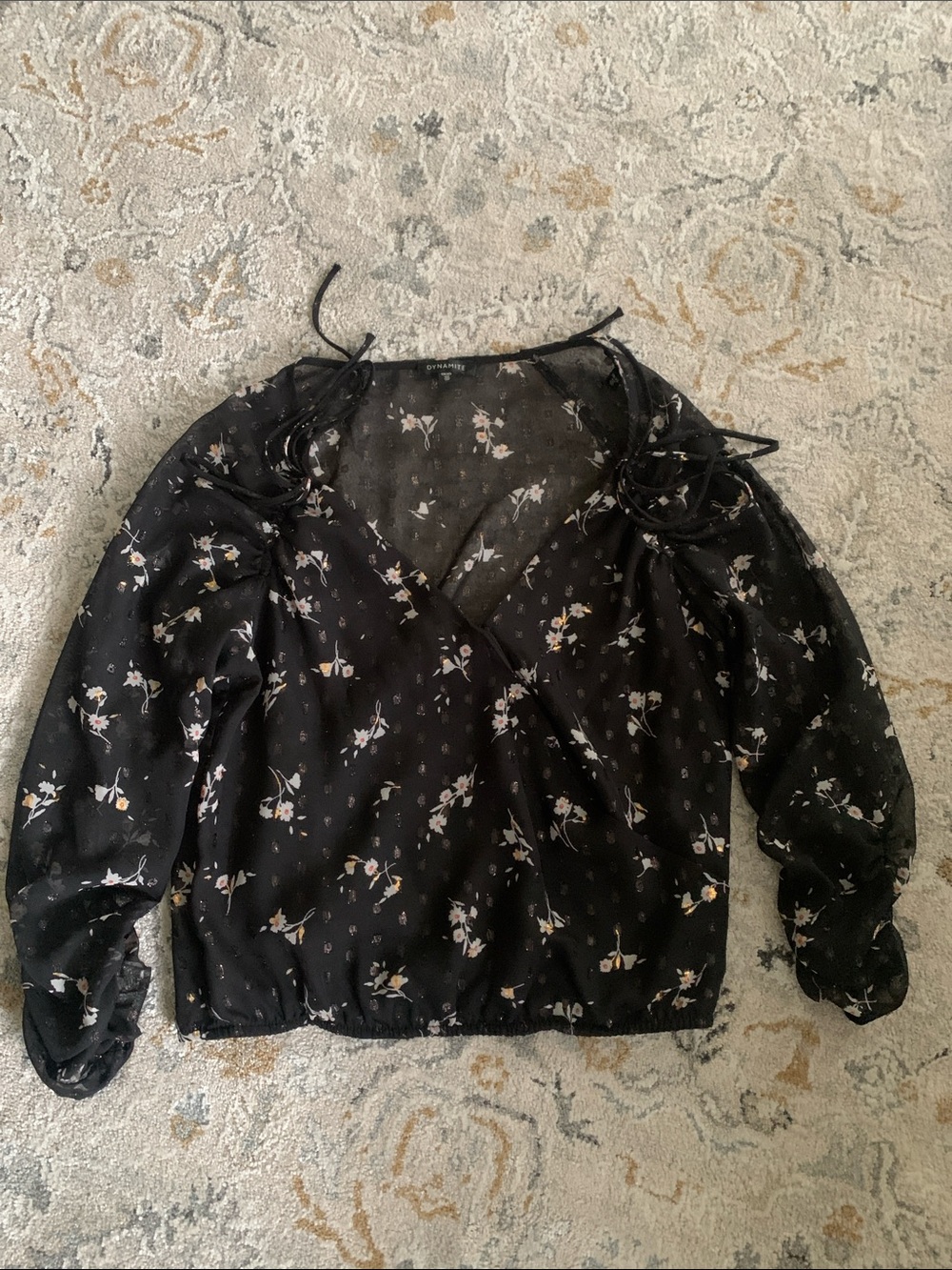Dynamite Black Sheer Floral Wrap Blouse